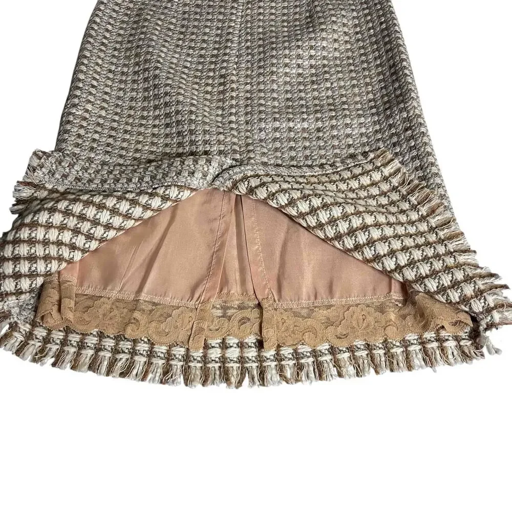Womens Trina Turk Fringe Hem Lined Midi Skirt Multicolor Tweed Wool Blend Size 2
